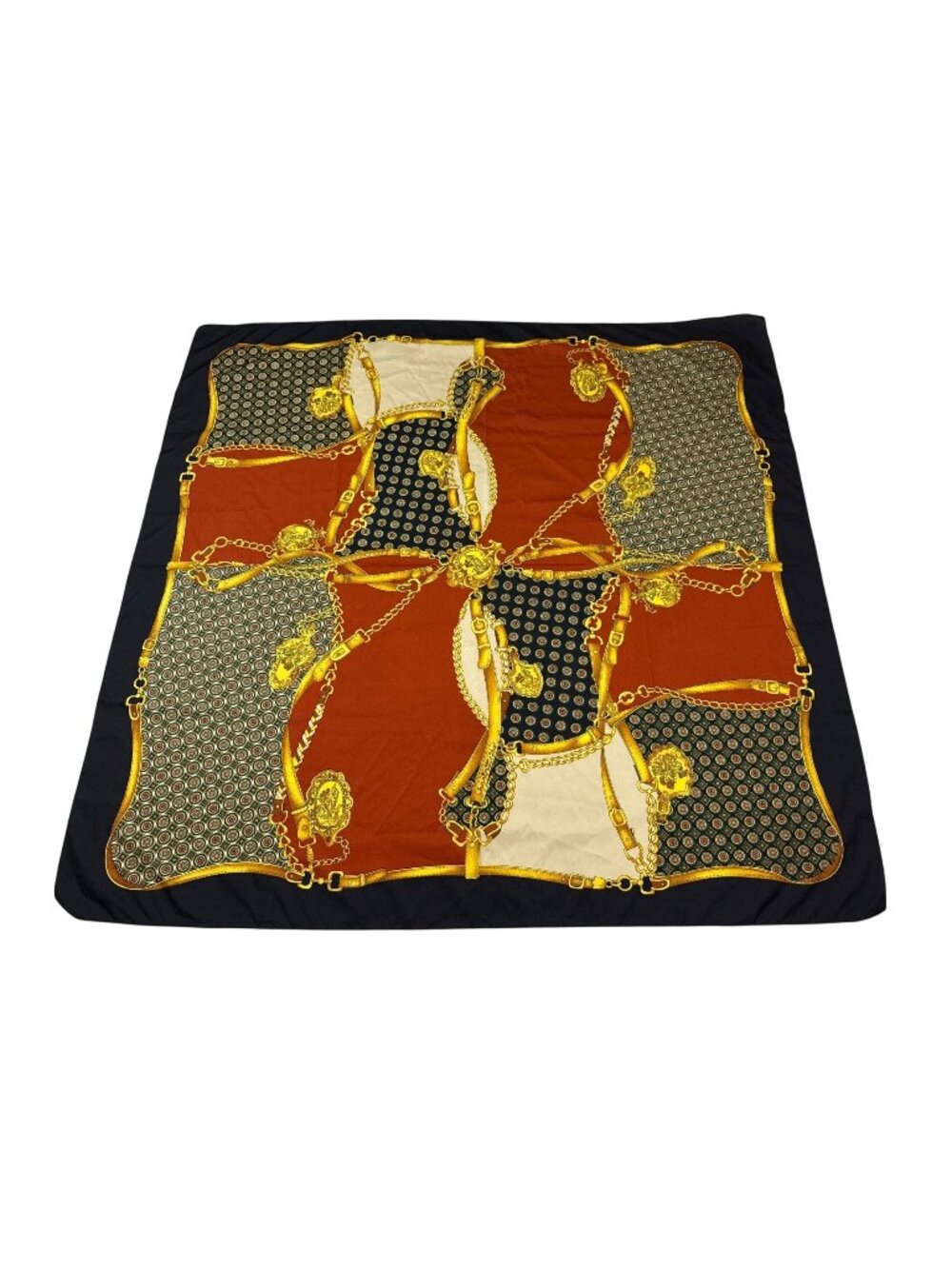 Vintage eqestrian Square Silk Scarf With Ornate Chain & Medallion Design (JJ980)